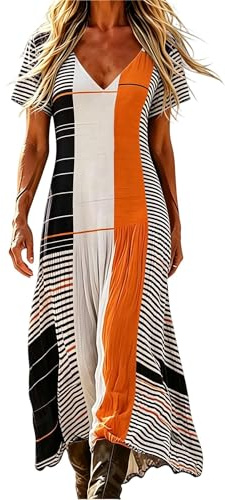 Vestido Largo Mujer Verano Elegante Cuello V Manga Corta Estampado Floral Falda Vaporosa Boho Vestidos Playa Casual Sueltos Tallas Grandes Vacaciones Ocio Ropa de Diario Traje