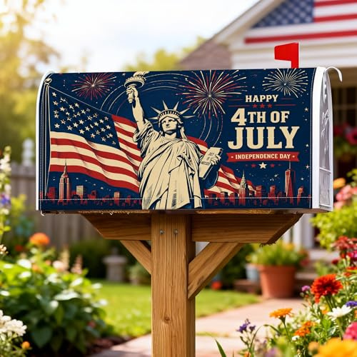 Copertura magnetica per cassetta delle lettere, motivo statua della libertà, bandiera americana patriottica vintage, fuochi d'artificio Giorno dell'Indipendenza, copertura per cassetta delle lettere