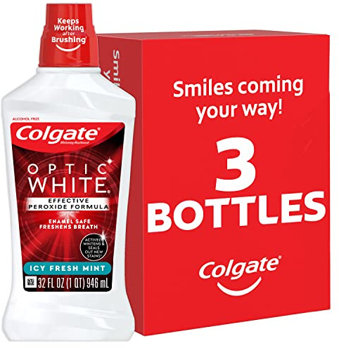 Colgate Optic White Advanced Teeth Whitening Mouthwash, 3 Pack, 2% Hydrogen Peroxide, Alcohol-Free and Enamel Safe, ICY Fresh Mint, 32 Oz