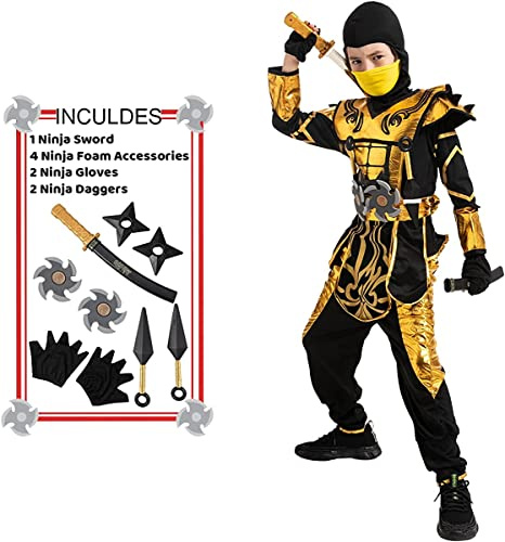 Spooktacular Creations Ninjafest, guld, ninjafest, utklädnad för pojkar, halloweenkostym, ninja, rollspel, ninja, julfest (3–4 yrs)