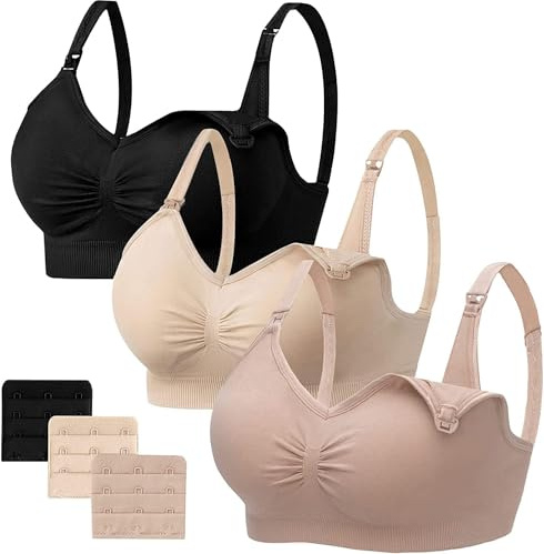 HBselect - Reggiseno per gravidanza, senza cuciture, con ulteriori estensioni per allattamento e sonno, senza ferretti, da donna, 3 pezzi, nero, beige, rosa chiaro, M