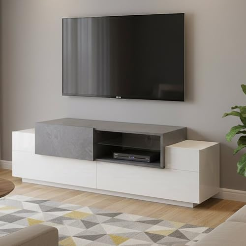Dmora - Meuble TV Pablo, Buffet bas de salon, Base pour meuble TV, 100% Made in Italy, 160x45h51 cm, Blanc brillant et ardoise