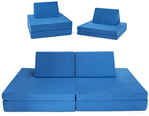 COSTWAY Kids Play Sofa, 4-Piece Modular Soft Couch with Folding Mats, 2 Triangular Pillows and Washable Cover, Convertible Children Sofa Bed for Playroom Kidsroom