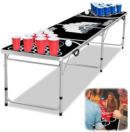 YUENFONG Beer Pong Tisch Set Klappbarer Tisch aus MDF inkl.5 Bälle, 100 Becher(50 Rot & 50 Blau), Bierpong Tisch Höhenverstellbar, für Trinkspiele, Party, Hochzeit, Schwarz