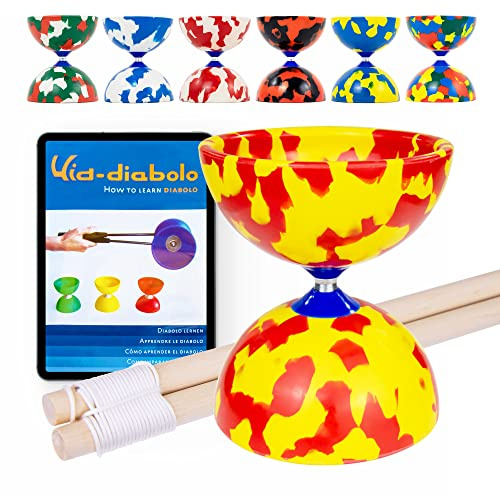 Juggle Dream Jester Diabolo Set - avec Axe Fixe Diabolo, Baguettes en Bois et Vidéo d'apprentissage en Ligne - Jouets de Jonglage (Rouge/Jaune)