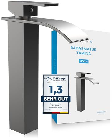 Bächlein Badarmatur Tamina hoch in Wasserfall-Design, extra hoher Einhebelmischer mit Montage-Set für Aufsatzwaschbecken, Bad Wasserhahn Anthrazit