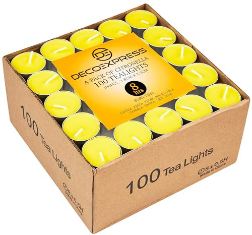 Deco Express Citronella Teelichter, 100er- oder 50er-Pack Duftkerzen Teelichter 4 oder 8 Stunden Brenndauer (8 Stunden x 100)