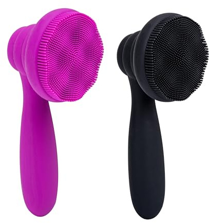2 PC Silicone Facial Cleansing Brush Facial Scrubber Manual Exfoliating Facial Brush Face Cleanser Face Exfoliator Ultrafine Bristles for Sensitive Skin Easy to Clean Lather Well(Black&Purple)