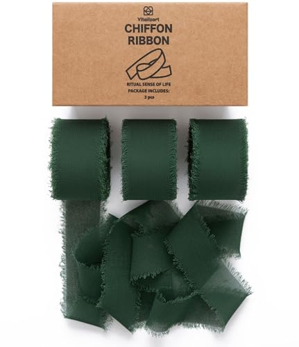 Vitalizart Dark Green Chiffon Ribbon 1 x 21 Yd for Crafting & Decoration | Silky Fringe Fabric Ribbons (3 Rolls x 7 Yd), for Wedding Invitation, Bridal Bouquet, Gift Wrapping, Bows Making