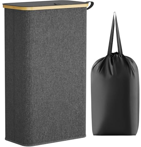 Lifewit 75L Slim Laundry Basket with Lid, Narrow, Removable Bag, Dark Grey | Bamboo Handles, Foldable Thin Laundry Bin, Dirty Clothes Hamper for Laundry, Bathroom, Bedroom and Dorm