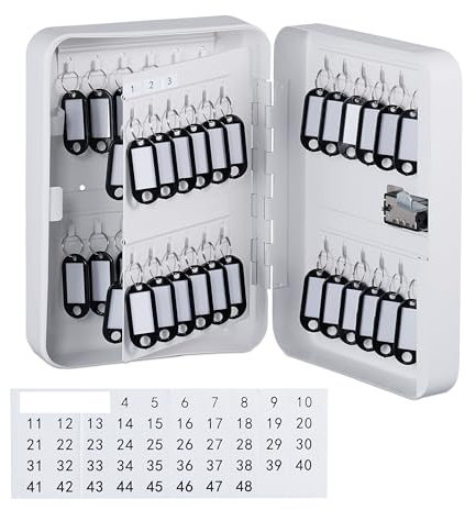 Relaxdays Armadietto Portachiavi da Parete, Cassetta Sicurezza con Codice, 48 Ganci Appendi Chiavi, 25x18x7,5 cm, Bianco