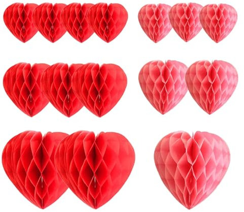 Eidoct 15 Pcs Red and Pink Heart Shaped Honeycomb Balls Set, Premium Valentines Day Decorations, Hanging Heart tissue pom poms for Engagement Birthday Wedding Party Anniversary Bridal Shower Wall Deco