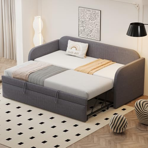 Kebnor Cama tapizada Sofá cama extensible 90/180 x 190 cm, con rayas verticales, con somier, cama multifunción, tejido de lino cómodo y transpirable (sin colchón) (gris)
