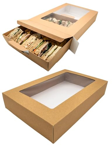 CHEF ROYALE 5x Pack Bakery Box with Window Lid, 30x20x2.5cm Brown Cookie Platters, Kraft Paper Platter for Sandwich, Wraps Donuts, Macarons, Muffins & Cookies for Parties Events and Meetings