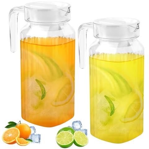 2 Jarras de Agua 900 ml con Tapa - Jarra de Plástico con Tapa - Jarra de Plástico Transparente sin BPA para Bebidas Frías, Zumo, Té o Leche - Jarrón con Asa para Nevera - Enfriadora DIY