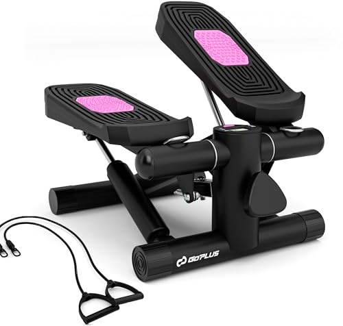 Goplus Steppers for Exercise at Home, Intensity Adjustable Hydraulic Mini Stepper w/Resistance Bands & LCD Monitor, Quiet & Portable Small Cardio Exercise Machine for Home Office or Under Desk (Black)