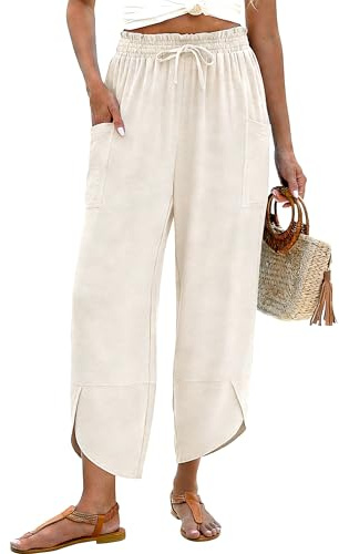 LOMON Womens Linen Wide Leg Pants Casual Loose Drawstring Summer Beach Travel Vacation Palazzo Harem Pants with Pockets (Apricot,L)