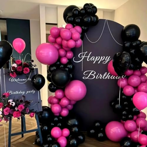 Kit Arco Globos Negro Rosa Fuerte, 112 Piezas Guirnalda Globo Rosa Negro con Globos Largos para Niña Mujer Cumpleaño Baby Shower Bautismo Boda Comprometimo Aniversario Despedida Soltero
