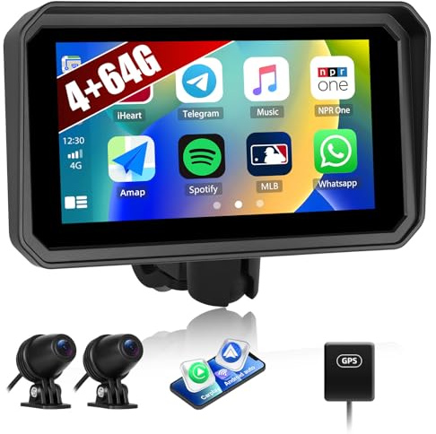 4+64G Android 14 Carplay Screen for Motorcycle with Wireless CarPlay,6 Inch IPS Portable Radio with Tire Pressure Monitoring,Bluetooth,WiFi,GPS Navigation,Voice Assistant,Dual Front and Rear Cameras