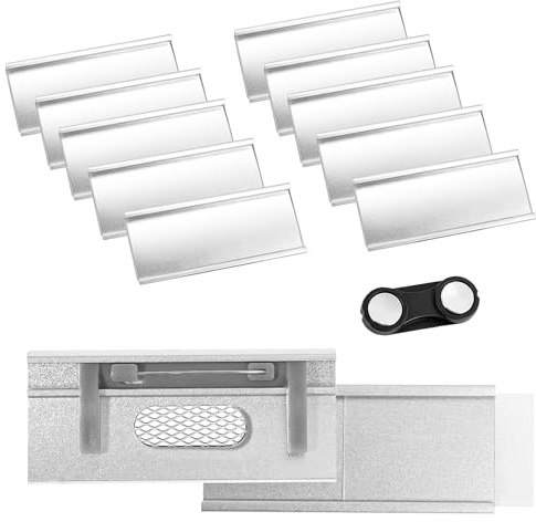 VINATO 10 stycken magnetiska märken i aluminium för kläder, dubbel kraftfull magnet, utan stift, professionell för arbete, mässor och skola (72 x 35 mm)