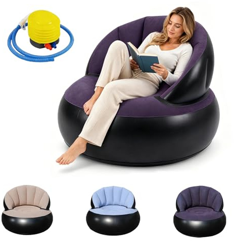 Yunlaishaocer Canapé Gonflable avec Surface Floquée, Étanche Pouf Gonflable avec Pompe, Fauteuil Gonflable Exterieur et Intérieur pour Camping, Voyages, Piscine(Bleu Foncé)