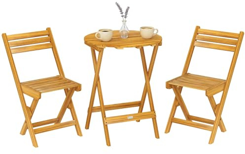Outsunny Ensemble de Bistrot 3 Pièces Pliable Bois d'Acacia 60 cm Naturel | Table Ronde, 2 Chaises à Lattes, sans Montage, Salon de Jardin Extérieur, Balcon Patio Jardin