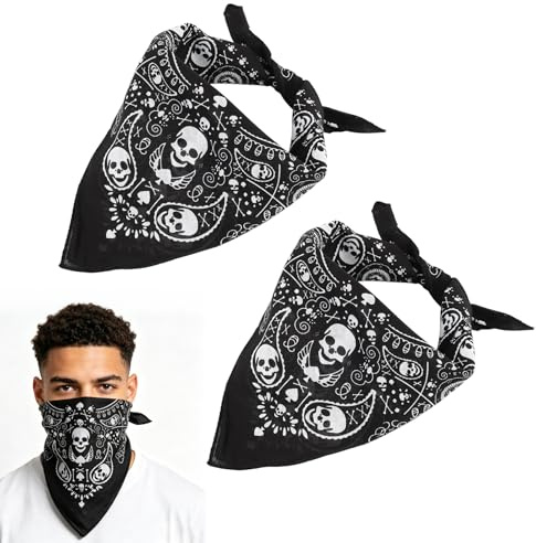 2 Pièces Bandana Tête de Mort, Bandanas Coton Imprimé Crâne, Bandana Crâne Double Face pour Homme Femme, Accessoire Mode Costume Halloween Pirate Cowboy Festival et Usage Quotidien, Noir