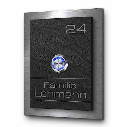 Individuelle Türklingel aus Naturschiefer mit Edelstahl - Gravur mit Wunschtext und Motiv | Klingel Modell Lehmann ab 9x12 cm - Optional mit beleuchtetem Klingelknopf
