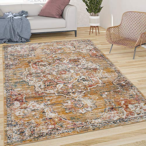 Paco Home Teppich Wohnzimmer Kurzflor Vintage Pastell Orient Muster Mit Bordüre Gelb Beige, Grösse:120x170 cm