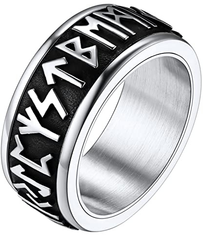 FaithHeart Anillo Giratorio de Runas Vikingas 316L Acero Inoxidable Rotativo Anti-Estrés Joyería Hip Hop Nórdica de Protección