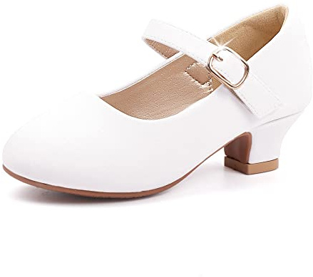 PANDANINJIA Molly Girls Dress Shoes Mary Jane Heels Flower Wedding Party School White Shoes for Girls Size 1, Toddler Little Kid (White Pu, 1 Little Kid)