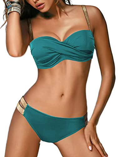 UMIPUBO Swimsuits for Women,Low Waisted Push Up Padded Swimwear Two Piece Bikini Sets Bathing Suits Swimming Costume (Dark Green, XL)