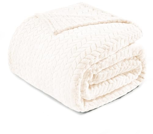 Exclusivo Mezcla Plaid Polaire en Flanelle, Tissu À Motif Chevron, Couverture Douce et Chaude pour Canapé/Lit, Agréable et Douillette, 230x270CM, Ivoire