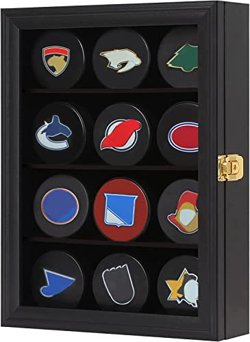 Mstrse 12 Hockey-Puck-Vitrine, Puckhalter, Wandhalterung, Schrank, Ständer, Schattenbox mit Glastür, abschließbar