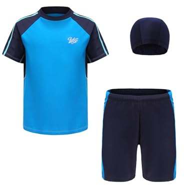 Kaerm barn pojke baddräkt badmode tredelad kortärmad UV-skydd badset motiv rash guard skjorta stretch badshorts med badmössa strandkläder, blå, 128-134