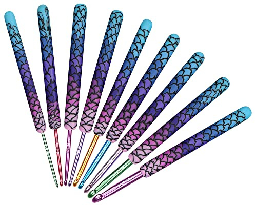 Aeelike Mermaid Crochet Hooks Set, 9 Pcs 2.25mm-6.5mm Metal Crochet Hooks with Pretty Patterned Polymer Handle, Warm Crochet Needles Set for Beginners Adults