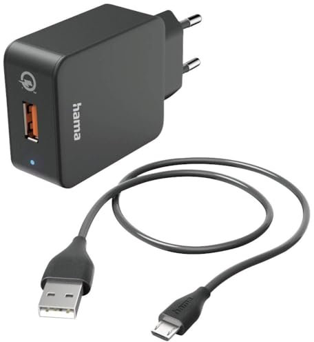 Hama Schnellladegerät, mit Ladekabel Micro USB, 19,5W (Set, Qualcomm Quick Charge 3.0, USB Ladegerät, für Handy, Smartphone, Tablet, Power Pack, Micro-USB Ladegerät, schnellladen, klein) schwarz