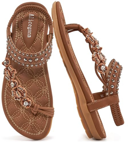 Alicegana Womens Sandals Dressy Flats: Bohemian Summer Comfortable Split Toe Shoes Walking Vacation Gladiator 2026