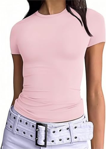 OYIGELZ T-shirt basique à manches courtes pour femme Y2K coupe ajustée T-shirts décontractés streetwear (rose clair #f1, M), Rose clair, M