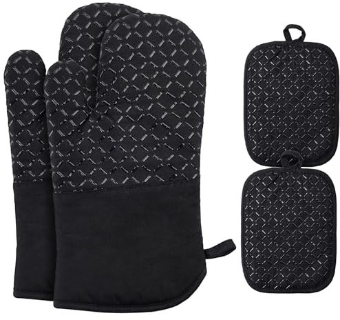 Ankway Set di 4 guanti da forno, guanti da forno resistenti al calore e antiscivolo, in morbido cotone, lunghi e flessibili, in silicone, per cucinare (presina da 30 cm)