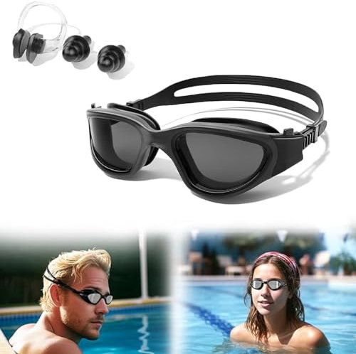 Lunettes de Natation Adultes,Lunettes de Plongée,Anti UV Lunettes de Plongée Avec Pince Nez Natation et Bouchons Oreille en Silicone pour Hommes Femmes Adultes Adolescents