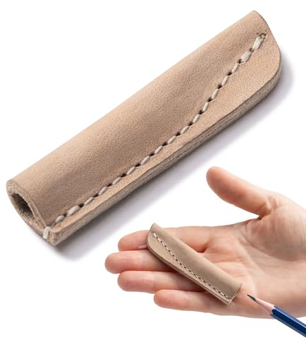 Angus Stoke äkta läderpennskrin – läderlock för penna, grafitpenna, ritpenna – förlängningspenna – keps handsydd Stuart (3 x natur/beige)