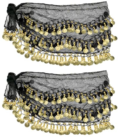 PATIKIL Belly Dance Hip Scarf 57 x 11, 2 Pack Women's Belly Dance Costume Skirt Wrap with 128 Gold Coins for Dance or Yoga Class, Black