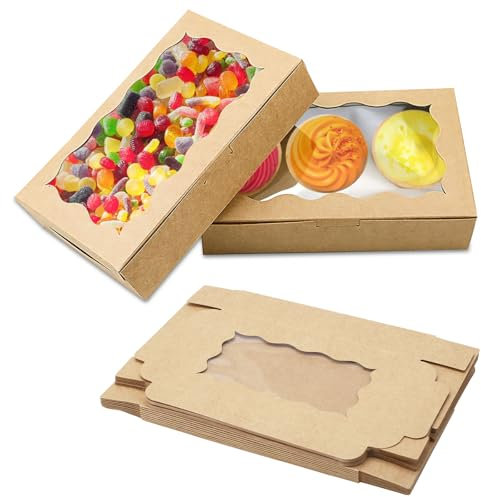 APOMOONS 20 Stück Keksschachtel mit Sichtfenster Kraftpapier Gebäckkarton Braune Papier Cupcake Box Tortenschachtel mit Klarem Fenster Transportbox Karton Snackbox Keks Verpackung 17,8 x 11 x 3,9 cm