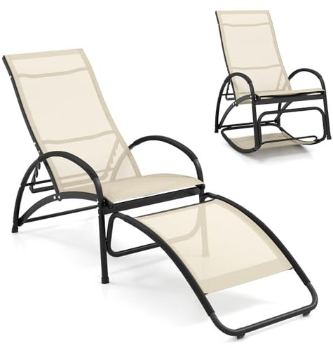 GIANTEX Sedia a dondolo 2 in 1 per esterni, con angolo di oscillazione di 20°, 4 posizioni regolabili, bracciolo, sedia a dondolo per giardino, portata 150 kg (beige)