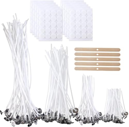 HEMOER 200 Piezas Mechas de Velas, 6cm/10cm/15cm/20cm Mechas para Vela Algodón Natural con 200 Pegatinas de Mecha, para Fabricación de Velas, Hacer Velas DIY