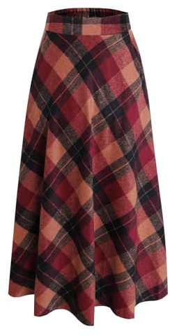 Beeblily Jupe Longue Femme Hiver Élégant Taille Haute Carreaux Laine Maxi Skirt A-Ligne Chaud Plissée Jupe Rouge S