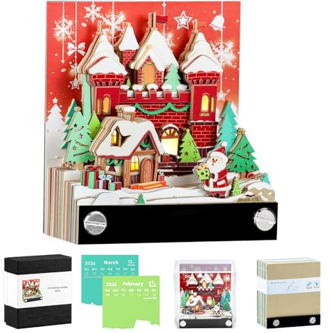 Calendrier 3D 2026, Calendrier Créatif avec Lumières & Maison de Neige de Noël, 3D Bloc-Notes en Papier Sculpté, Notes Autocollantes, 3d Calendriers Découper en Papier pour Bloc-Notes, Décoration DIY