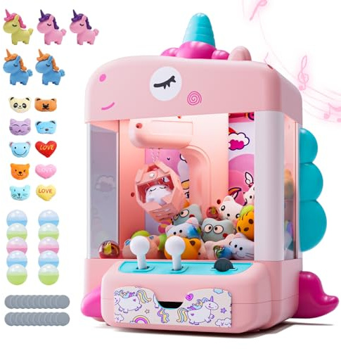 Máquina de Garra de Unicornios Skirfy, Mini máquina expendedora con Luces y música, Sonido Ajustable, dispensador de Dulces y premios electrónicos, Incluye 45 Juguetes