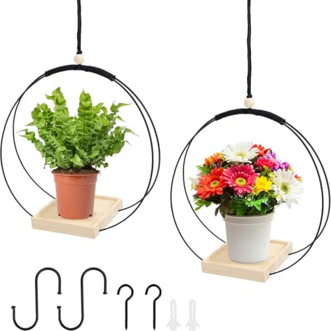 KVXXVX - Fioriera sospesa, per interni ed esterni, in metallo, colore nero, con base in legno, per piante sospese, per piante